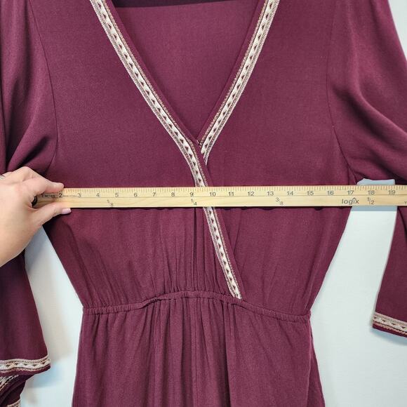 Forever 21 Romper Size M Burgundy Lace Trim V-neck Long Sleeve Crepe Rayon Y2K - Picture 9 of 12